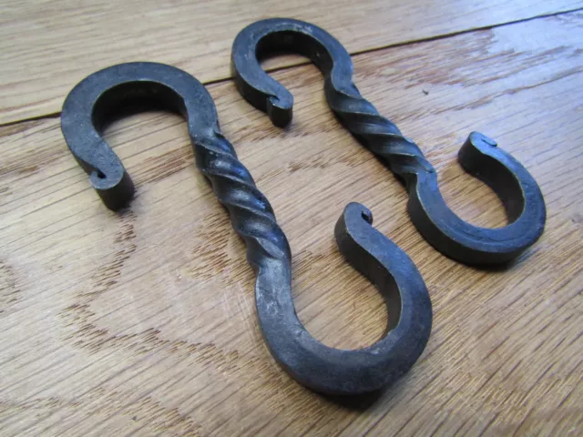 PAIR of Hand forged blacksmith iron Kitchen pot pan sliding hook Utensil hanger