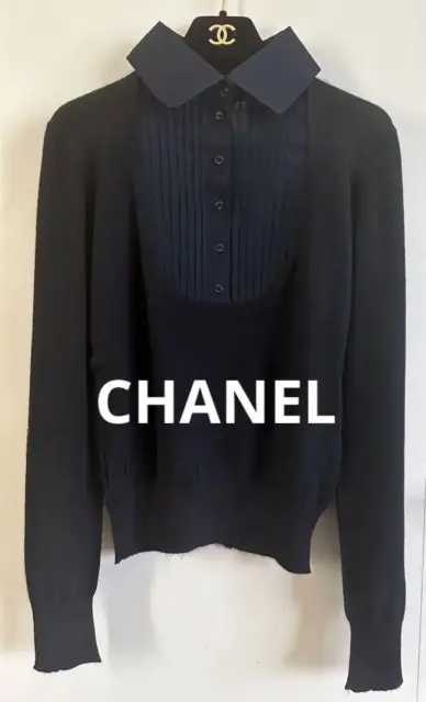 CHANEL CASHMERE SILK Sweater Cotton Blouse Style Black Size 38