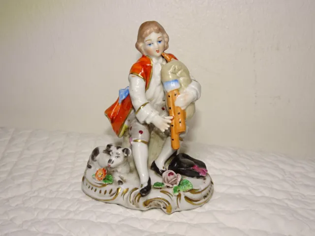 figurine porcelaine Sitzendorf Le joueur de cornemuse et chien vintage