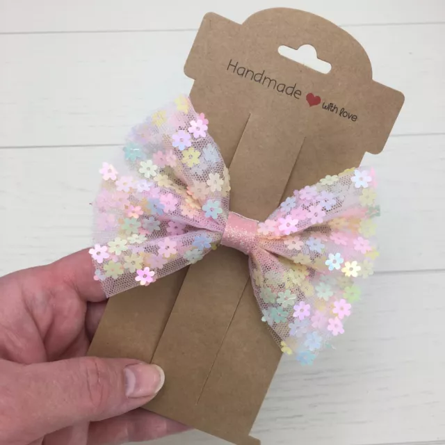 Pastel Rainbow Tulle Hair Bow on Alligator Clip with Flower Sequins Fairy 4”