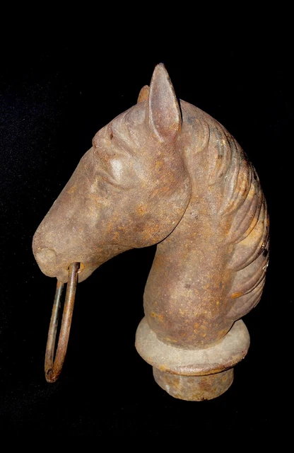 ANTIQUE OLD WEST Cast Iron Hitching Post Horse Head Pole Top With Ring