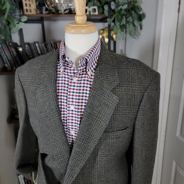 VTG Woolrich Loden Tweed Men's Sport Coat Two Button Green Blue Plaid Large Long 3