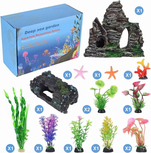 Aquarium Plants Artificial Ornament Cave Plastic Decorations Fish Tank Pack Set