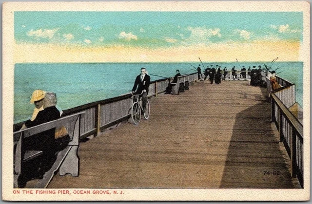 OCEAN GROVE New Jersey Postcard "ON THE FISHING PIER" Bicycle / Fishermen c1920s