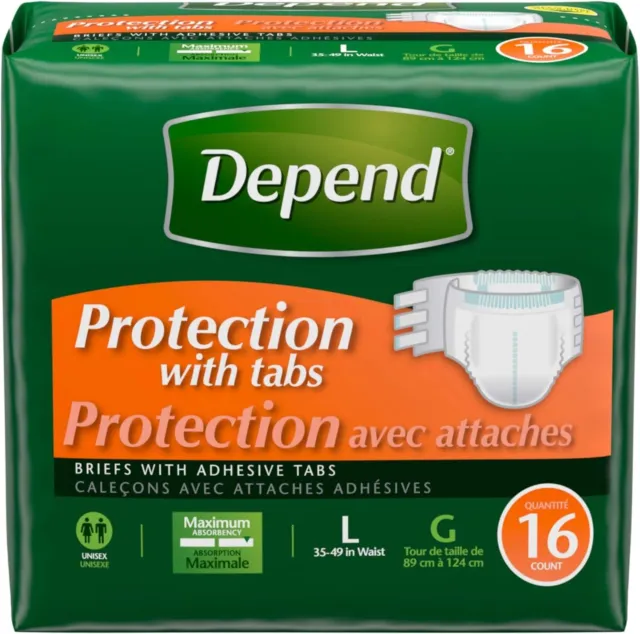 DEPEND PROTECTION WITH Tabs Maximum Briefs, Size: Large, 64 count ( Pack of  4) $69.30 - PicClick