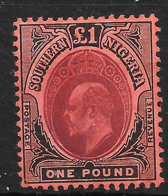 SOUTHERN NIGERIA SG44 1909 £1 PURPLE & BLACK ON RED MTD MINT (r)