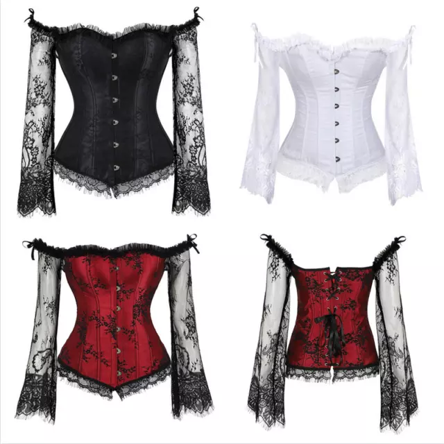 Damen Gothic Schulterfrei Bluse Überbrust Top Bustier Spitze Rüschen Steampunk