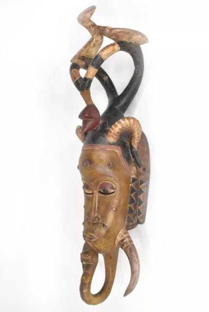 Yellow Guro Portrait Mask with Horns and Birds Cote d'Ivoire African Art