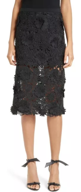NEW Women's Milly 3D Floral Embroidery Midi Skirt Black size 2 $395