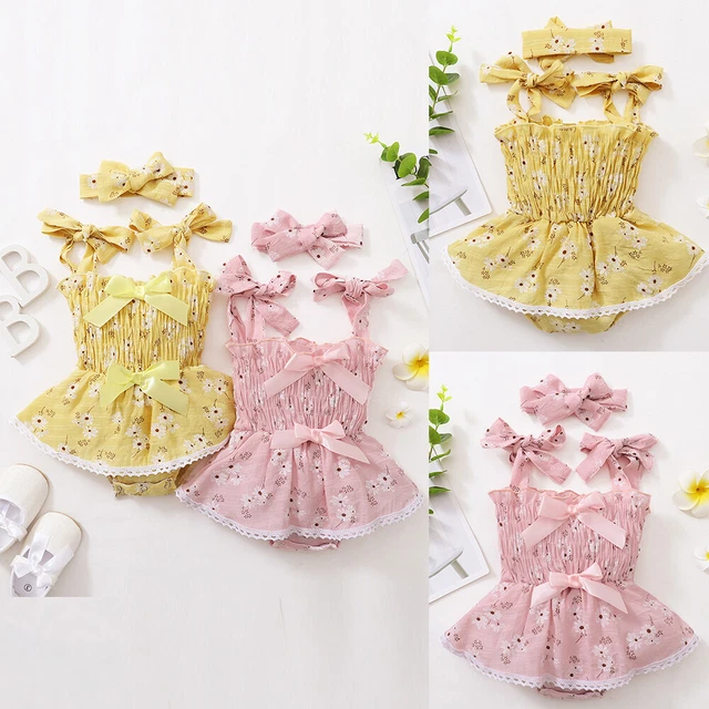 2PCS Newborn Baby Girls Summer Outfits Daisy Floral Romper Headband Infant Sets