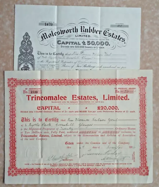 share certs - Ceylon 1912 Molesworth Rubber, 1914 Trincomalee Estates (rubber)
