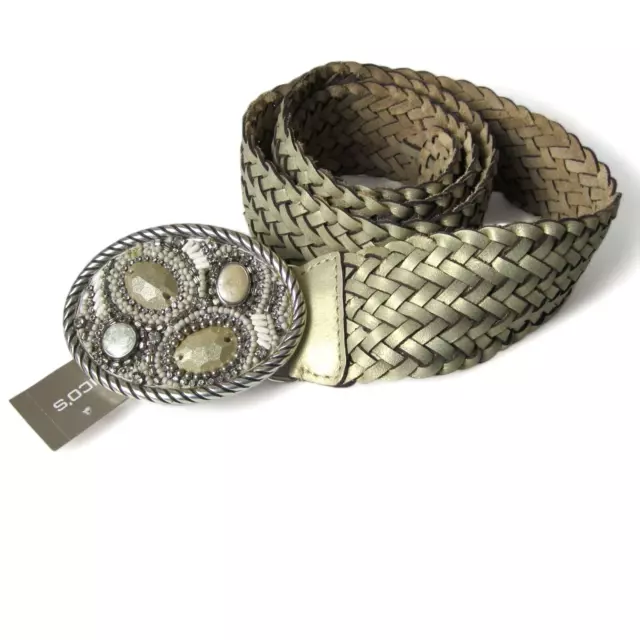 Chicos Belt Metallic Beaded Medallion Leather Braided Slouch Gretta Womens M NEW