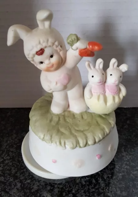 Vintage Child Easter Bunny Rabbit Figurine Music Box - Plays Easter Parade - Euc