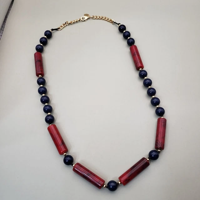 Charming Charlie Necklace Red Blue Acrylic Bead Gold Tone Retro Office