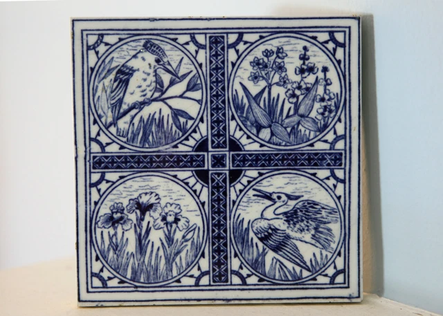 MINTON HOLLINS & CO BLUE and WHITE TILE - Kingfisher, Heron, Lillies - 2 of 2