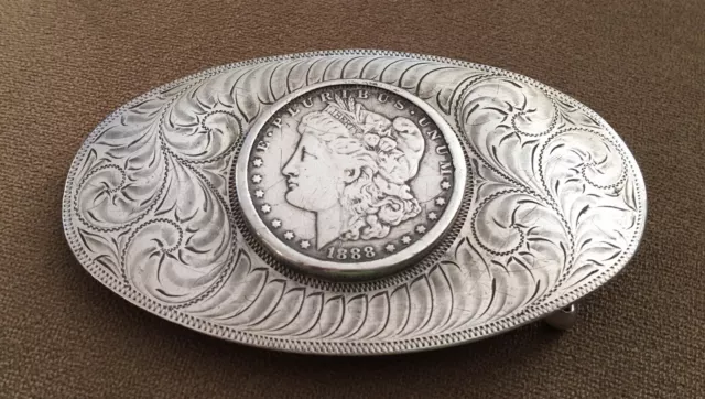 Vintage Big Oval Hand Engraved Sterling Silver 1888-O Morgan Dollar Belt Buckle