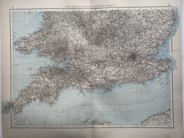 1899 South England & Wales Original Antique Map by Richard Andree