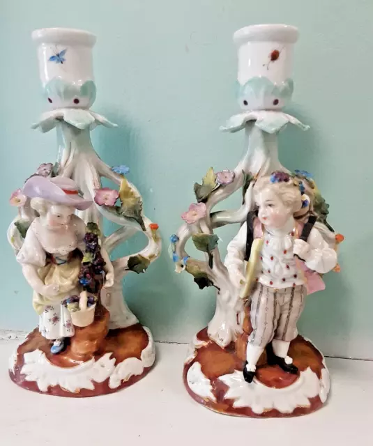 Antique Sitzendorf german porcelain pair of Candlesticks c1890 23 cms