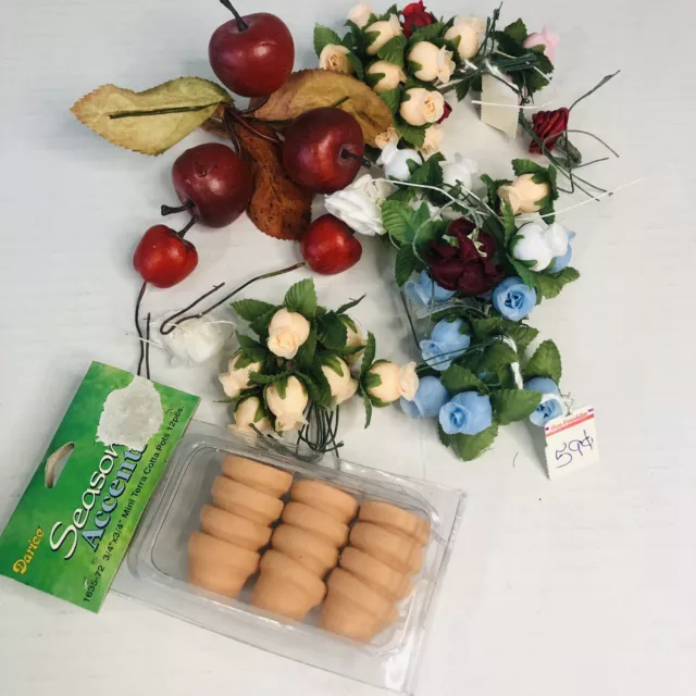 craft lot supplies tiny flower pots rose buds and apples