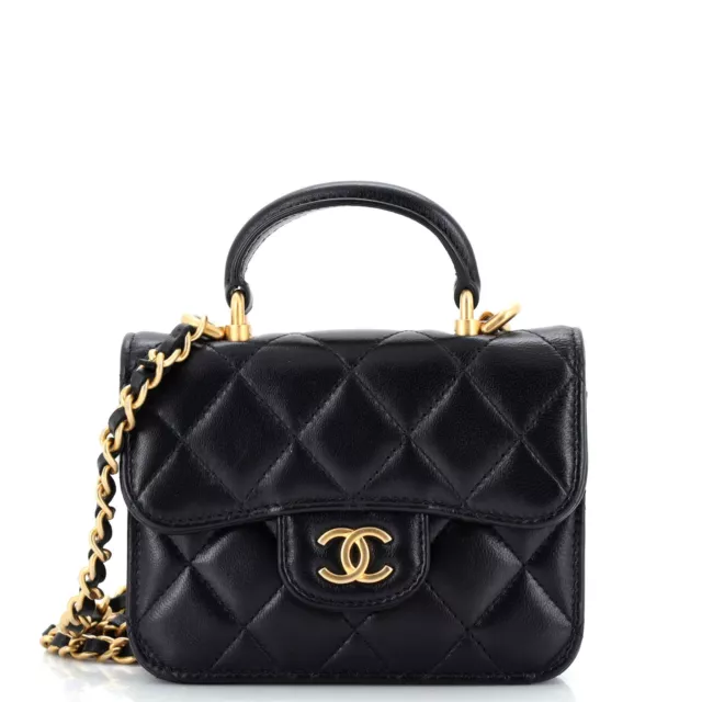 Chanel Top Handle Flap Coin Purse with Chain Quilted Lambskin Black