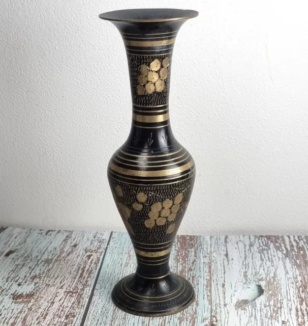 Vintage Black and Etched Brass Vase India Boho Brass Accent Floral Berry 10 inch