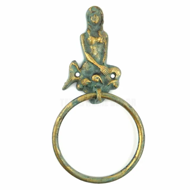 Mermaid Sitting Towel Ring Wall Mounted Cast Iron Green Gold Antique Bronze 9"