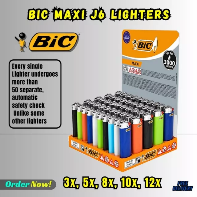 Maxi J6 Bic Lighters Set Large Classic Size Design Gas Cigarette Flint Wheel Uk