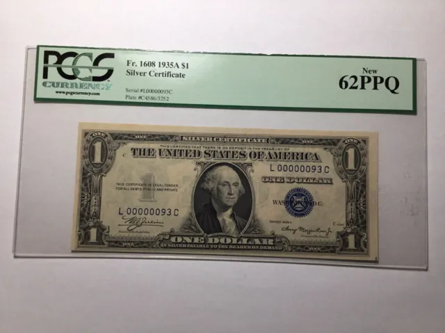 1935 A $1 Silver Certificate One Dollar 62PPQ. Low S/N L00000093C￼