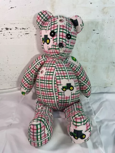 Pink Floral John Deere Homemade Teddy Bear Button Eyes Pink Green Plaid Tractors