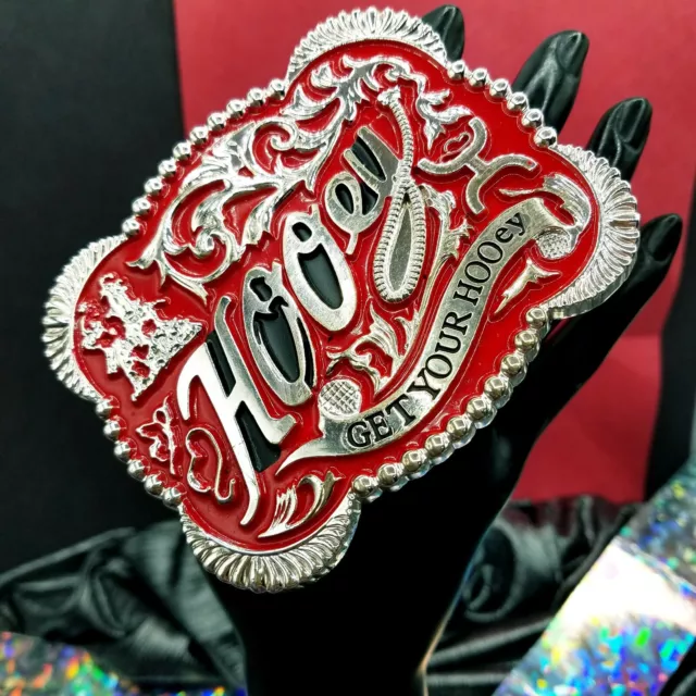 Western  belt buckle 3.5x4 inches red and silver