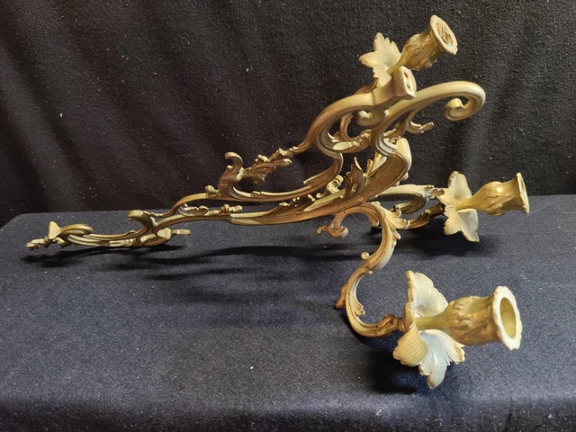 Ancien Grand Bougeoir Triple De Lustre/Suspension En Bronze Doré 19ème Rocaille