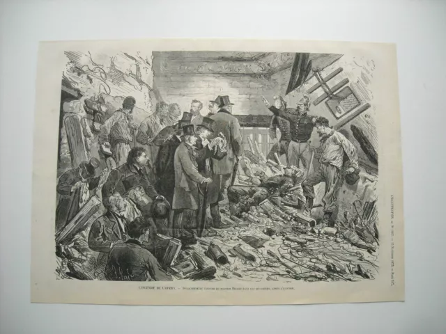 1873 Engraving. Opera Fire. Beautiful Firefighter Body Discovery After.