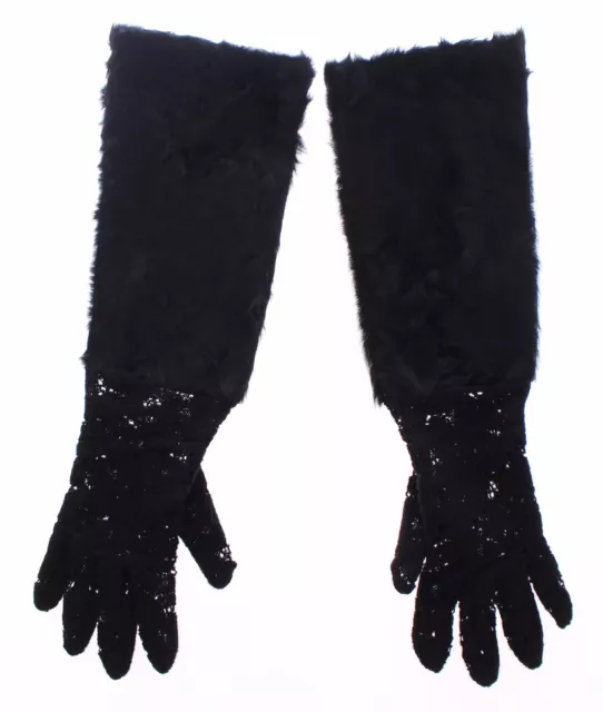 DOLCE & GABBANA Gloves Black Lace Wool Lambskin Fur Elbow s. 8 / M RRP $2000