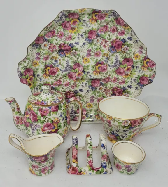 Royal Winton Summertime Chintz Pre-1960 Cream Gold Trim 6-piece Breakfast Set