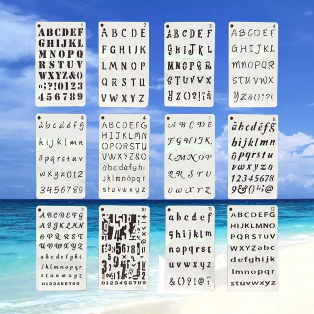 12 piezas Plantillas de dibujo Números del alfabeto Plantilla Libro de recortes Planificador Manual