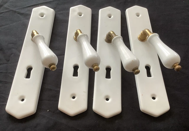 4 poignées de porte et plaques de propreté porcelaine blanche Limoges Occasion