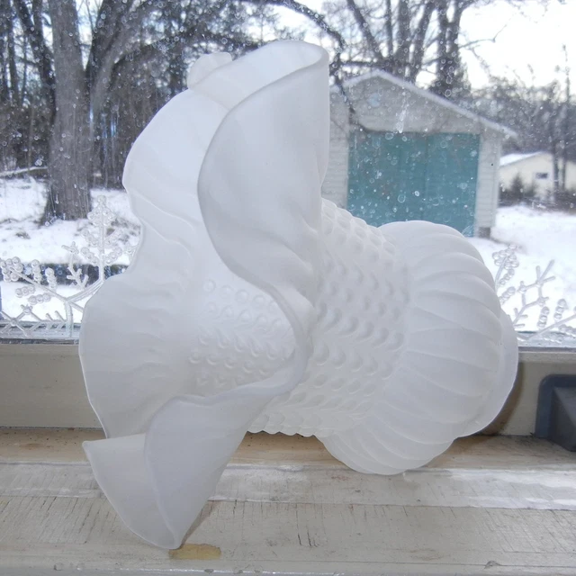 5-3/4"H 2-1/4"Fitt Vintage Embossed Satin Glass Bulged Shade Fancy Ruffled Top