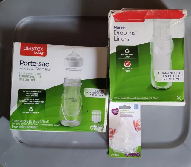 New Playtex Baby Drop-Ins 3 Bottle Set, 150 Liners, Extra Nipples NEW