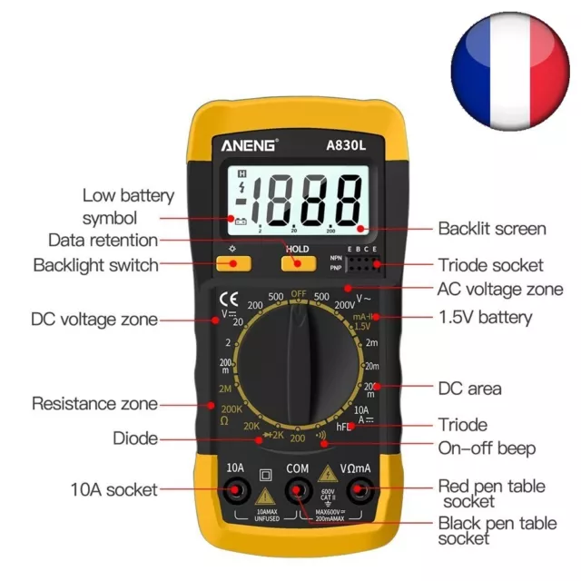 Multimètre Numérique Testeur Courant Shoous Diode Tension AC DC A830L Fréquence