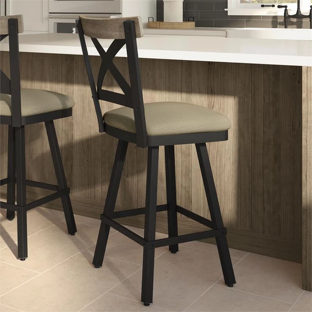 Amisco Snyder 30 In. Bar Stool - Beige Fabric / Black Metal / Beige Wood