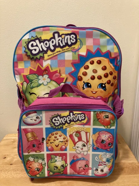 Shopkins Large School Backpack Girls Book Bag with Lunch Bag Set Pink & Blue 16"