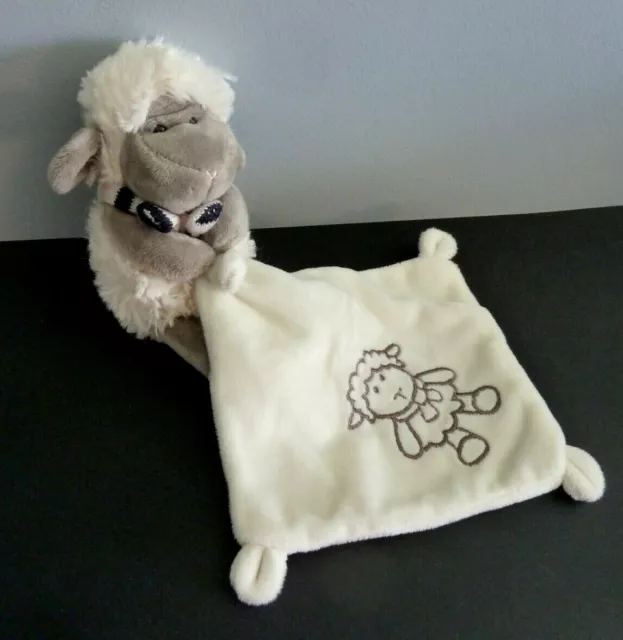 Y5. Doudou Peluche I2C Mouton Mouchoir Ecru Gris Echarpe Rayee -  Neuf