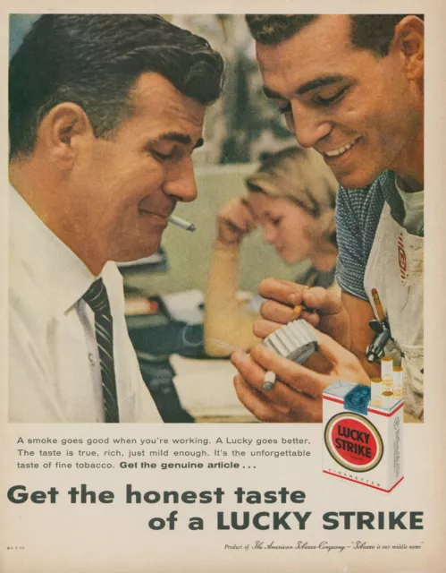 1959 Lucky Strike Cigarettes Vintage Print Ad Two Smiling Men Working LO2