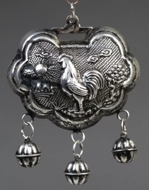 Tribal exotic ethnic chinese handmade miao silver longevity lock cock pendant