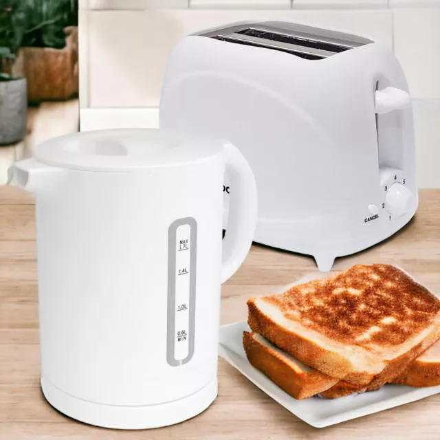 White Kettle & Toaster Set 1.7L Cordless Jug 2 Slice Electric Variable Browning