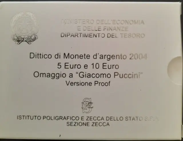 2004 ITALIA DITTICO 5 + 10 EURO "GIACOMO PUCCINI" Argento 925/18-22gr PROOF