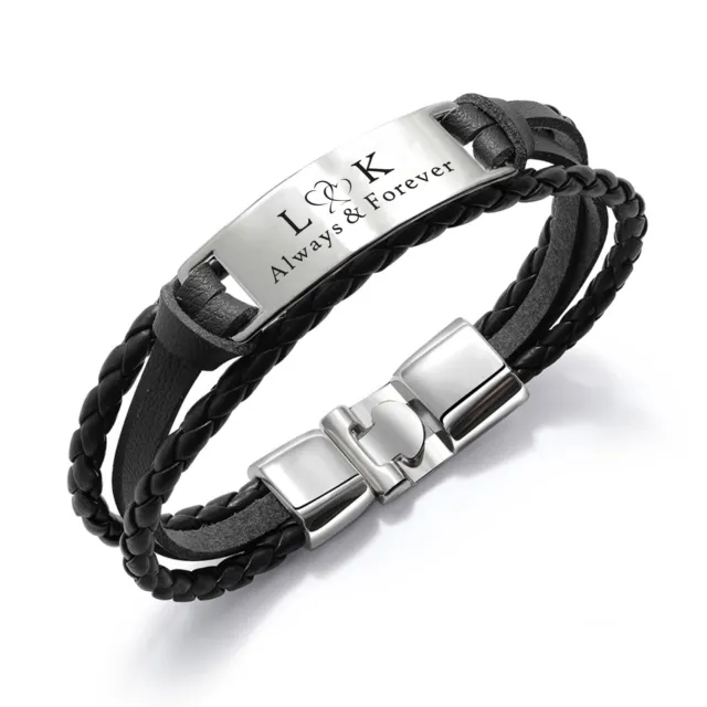 Personalised Mens PU Leather Bracelet Braided Wristband Birthday Valentines Gift