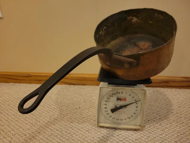 Antique 1800s 19"  Hand forged Dovetail Copper Saucepan Pan Pot Iron Handle 19C