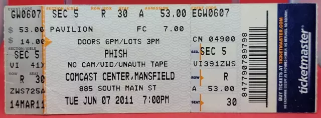 USED PHISH Concert Ticket Stub Comcast  Center Mansfield Mass Tue June 7 2011