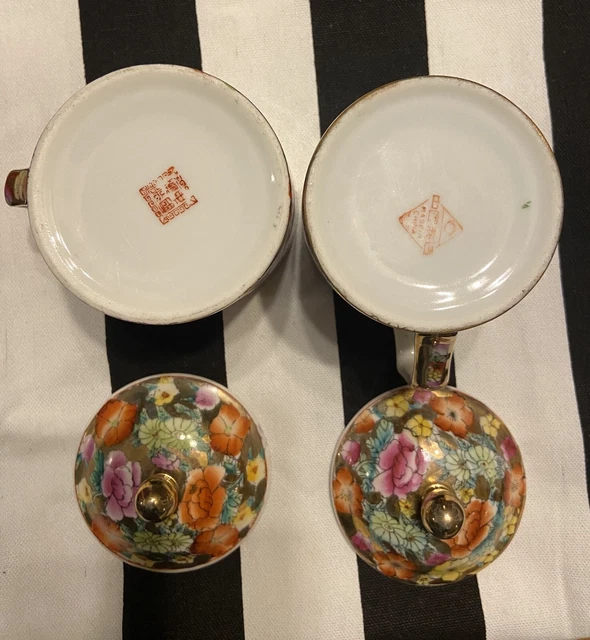 Vintage Hand Painted Porcelain Chinese Tea Cup Mug Set With Lids